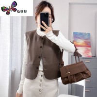 语娄咖色pu皮衣马甲外套女秋新款休闲宽松坎肩背心百搭叠穿短款皮马夹