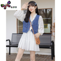 语娄2023新款蓝色V领牛仔马甲女学生短款无袖开衫牛仔衣潮