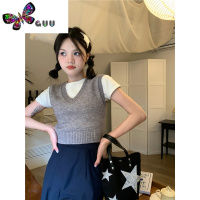 语娄韩气辣痞~复古V领短款百搭显瘦纯色叠穿针织外搭马甲背心女