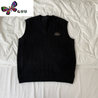 语娄黑色v领麻花针织背心马甲女外搭无袖坎肩毛衣外穿短款上衣