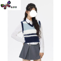 语娄学院风条纹撞色仿貂毛拼接V领蓝色马甲衬衫短款百褶裙收腰背心春