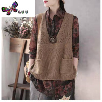 语娄复古文艺毛线背心女外穿宽松v领双口袋针织衫工字马甲女