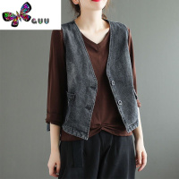 语娄原创V领两粒扣牛仔背心女新款宽松大码休闲深色复古马甲潮