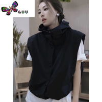 语娄潮牌街头黑色背心马甲冲锋外套女款休闲百搭宽松显瘦连帽马夹