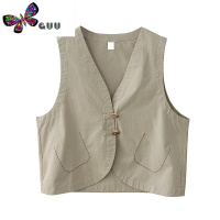 语娄秋季新款日系复古风牛角扣棉布马甲小外套女宽松百搭刺绣马夹上衣