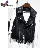 语娄2023新款皮马甲女短款韩版无袖皮衣PU砍肩小款腰带皮外套潮