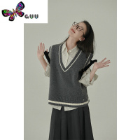 语娄HAVICE饭馆 衬衫蕞佳CP!学院女孩 复古百搭学院风V领撞边背心