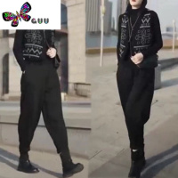 语娄2023新款时尚韩版无袖印花马甲外套女宽松阔腿哈伦裤两件套潮