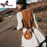 语娄复古民族风马夹波西米亚麂皮流苏马甲女旅游外搭西部牛仔背心坎肩