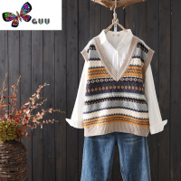 语娄复古新款文艺提花刺绣V领针织背心女马甲秋装无袖毛衣坎肩女套衫