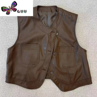 语娄欧货洋气pu皮衣马甲马甲外套女2023年短款复古不规则无袖坎肩