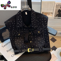 语娄垫肩烫钻牛仔马甲女秋装配腰带宽松无袖短款上衣美拉德风穿搭夹克