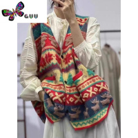 语娄女士无袖开衫外套毛衣宽松V领针织复古撞色民族风小众马甲