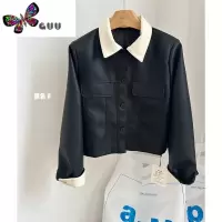 语娄美拉德风机车皮衣外套女新款撞色翻领短款长袖夹克上衣潮ins