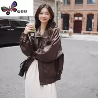 语娄美拉德棕色皮衣外套女2023新款港风美式复古pu皮夹克流行