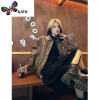 语娄宣宣轻奢棕色PU皮衣外套2023秋季新款小众高级感休闲气质夹克外套