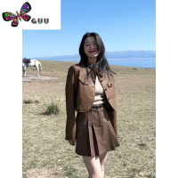 语娄美拉德复古咖色皮衣外套女小个子设计感短款pu皮机车夹克上衣