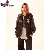语娄散养文化美式复古棕色皮衣毛呢拼接棒球外套女秋季美拉德翻领刺绣