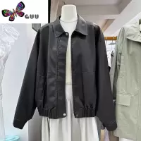 语娄AC美式复古机车风皮夹克女2023早秋翻领BF宽松拉链PU皮衣短外套