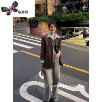 语娄033THREE假两件衬衫拼接PU皮衣外套女新款高级感港风棕色西装