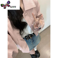 语娄粉色皮衣外套女翻领落肩袖宽松复古美式短款夹克