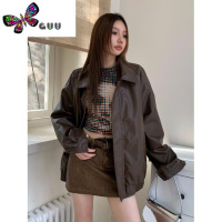 语娄美拉德小个子棕色pu皮夹克女美式复古设计感港风机车皮衣外套