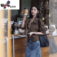 语娄棕色质感衬衫工装外套女士短款小个子休闲百搭单层薄款美拉德穿搭