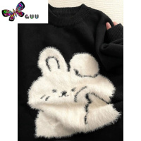 语娄超可爱!慵懒风黑色兔子套头毛衣女新款宽松长袖针织衫上衣潮