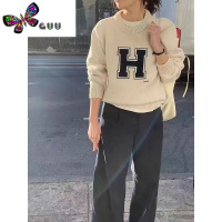 语娄港味复古字母提花chic毛衣女外穿宽松软糯加厚短款针织衫慵懒