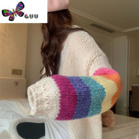 语娄胖mm撞色彩虹潮汕毛衣软糯开衫女设计感慵懒风中长款粗线上衣