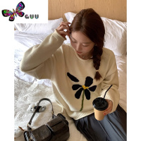 语娄韩系慵懒风撞色毛衣女软糯宽松花朵针织套头设计感奶fufu上衣