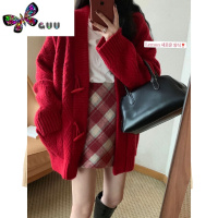 语娄复古慵懒风牛角扣红色毛衣外套女本命年宽松针织开衫加厚