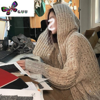 语娄韩国亮片连帽毛衣开衫外套女宽松慵懒风软糯针织衫高级感上衣