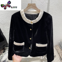语娄2023秋季新款金丝绒撞色短外套女小香风高级感洋气百搭上衣潮