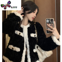 语娄小香风黑色羔毛绒外套女春高级设计感小众炸街毛茸茸上衣