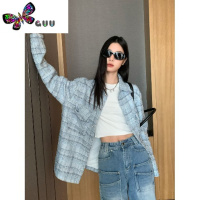 语娄美校甜心~蓝色小香风格子西装外套秋季高级感长袖宽松上衣