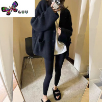 语娄宽松软糯慵懒风开衫毛衣外套中长款遮屁股小香风黑色针织衫女