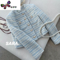语娄温柔浪漫风奶蓝色珍珠扣小香风外套女新款圆领长袖编织西装