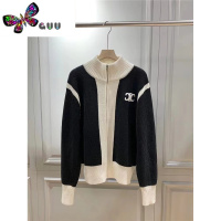 语娄春季新款凯旋门精致刺绣撞色双拉链立领针织开衫百搭外套毛衣