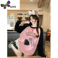 语娄猫咪印花插肩t恤女早秋新款美式慵懒宽松显瘦中长款休闲长袖上衣