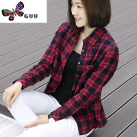语娄墨绿格子衬衫女士长袖短款英伦秋装新款中年衬衣韩版宽松