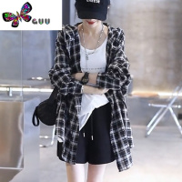 语娄格子衬衫外套女款秋季薄款棉麻长袖大码宽松连帽条纹上衣衬衣