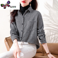 语娄复古千鸟格子衬衫女款内搭正肩上衣长袖外穿外套