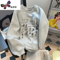 语娄美式复古小狗印花无帽卫衣女薄款百搭小个子oversize长袖上衣