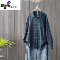 语娄蓝色格子衬衫女款2023新款秋装文艺小清新复古双层棉纱棉麻上衣