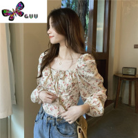 语娄法式浪漫碎花方领衬衫女夏季2023新款洋气别致气质系带修身上衣潮