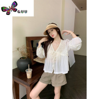 语娄田园风V领蕾丝镂空系带娃娃衬衫女夏季2023新款小众宽松上衣