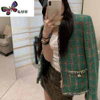 语娄FFmiss◆重工贵气绿色格子毛呢编织短外套女秋小香风粗花呢上衣