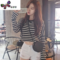 语娄秋高腰小心机chic条纹t恤女长袖宽松性感高腰露肚脐短装上衣