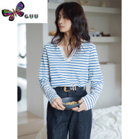 语娄研发蓝调海魂衫V领条纹长袖T恤女2023秋宽松打底衫上衣